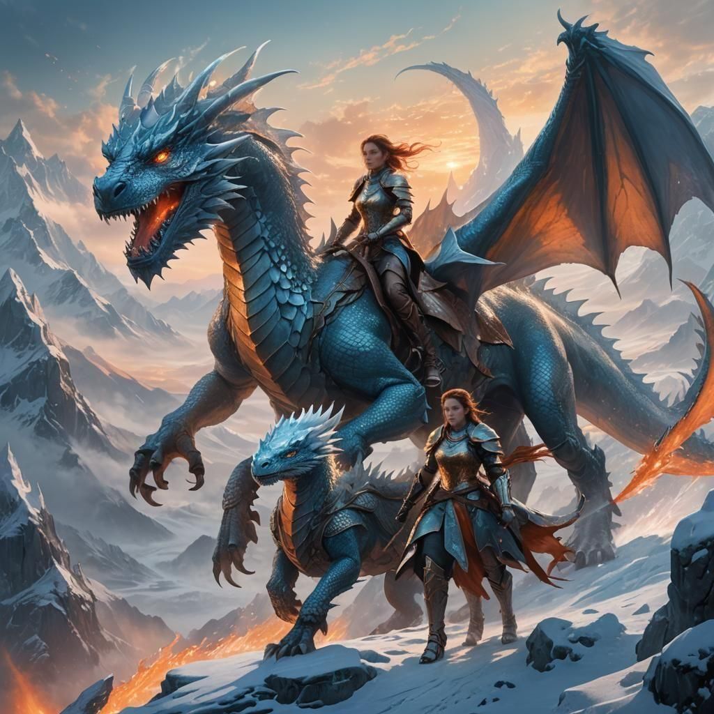 Armored Girl Riding Ice Dragon in Detailed Painting