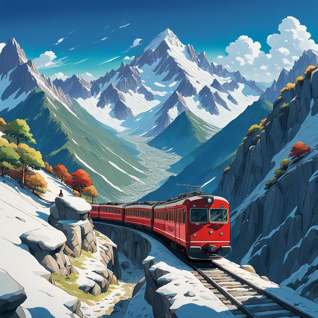Red Train Ascends Alpine Pass: Ghibli Style