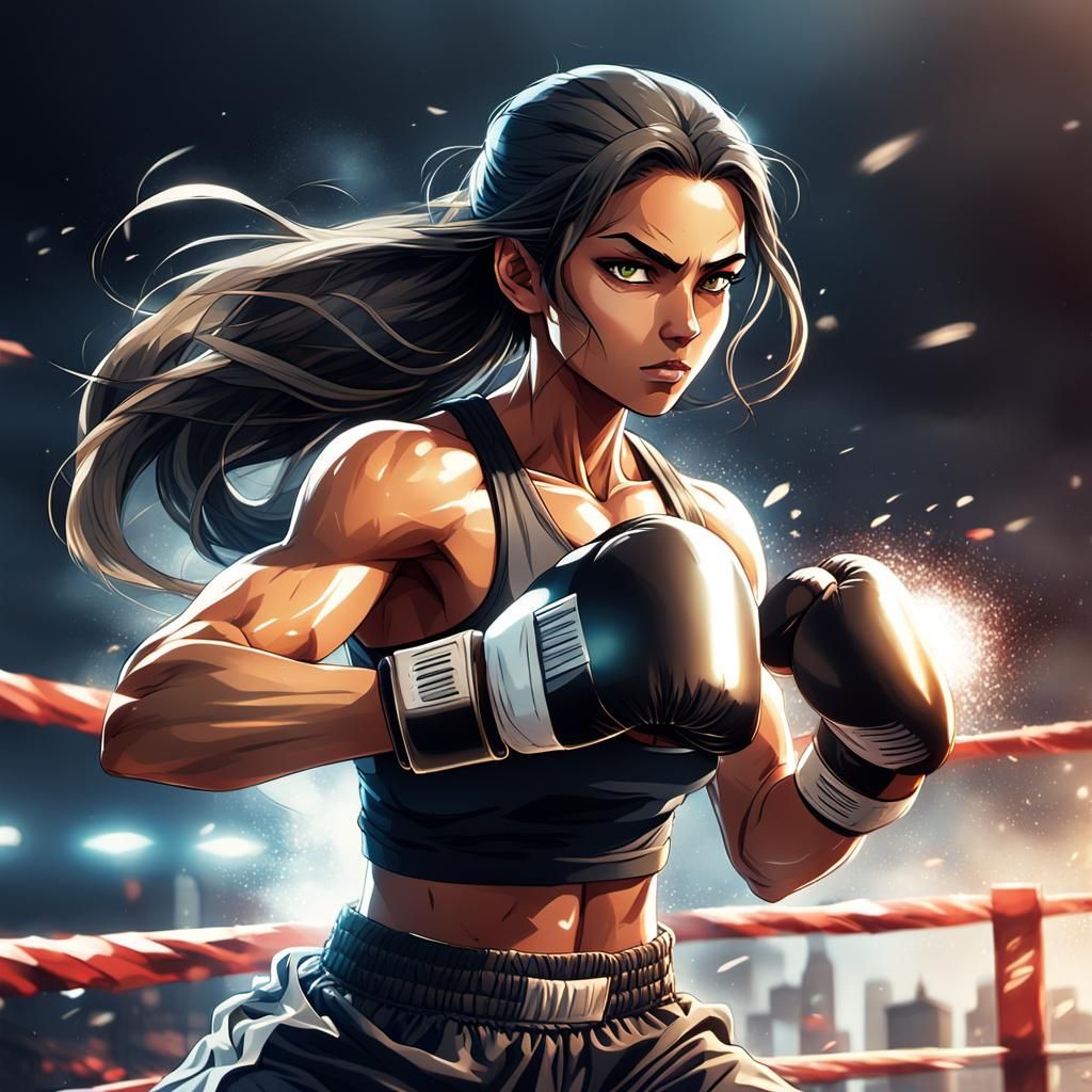Arab Woman Boxing Nordic Woman: Cel-Shaded Anime Art