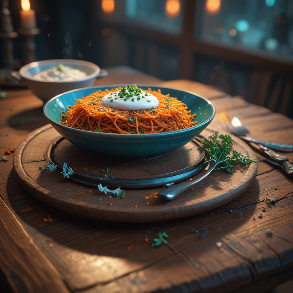 Epic Fantasy Rosti on Wooden Table, Detailed Matte Painting