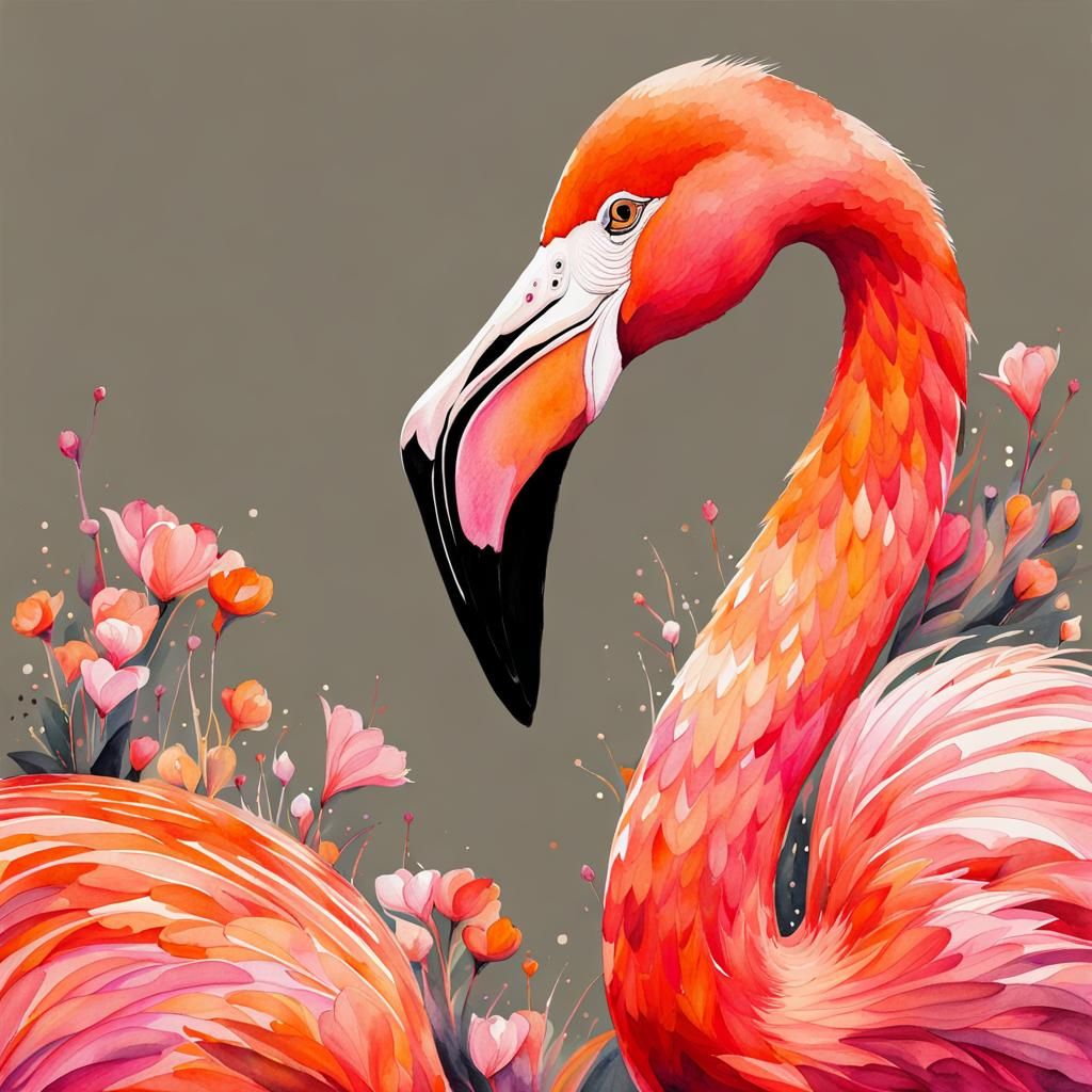 Flamingo in Watercolor and Ink Splash Art