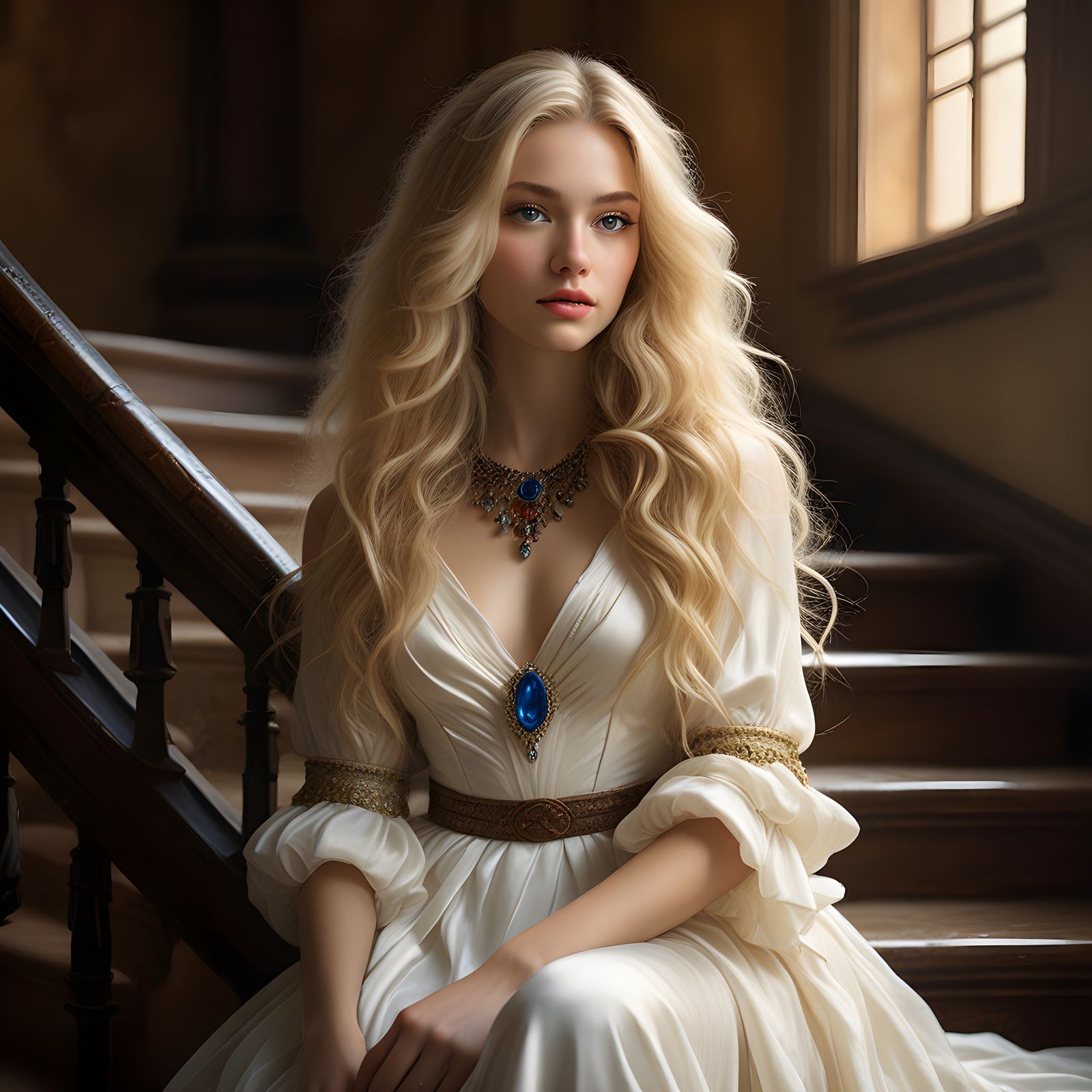 Norse Goddess on Ancient Stone Staircase