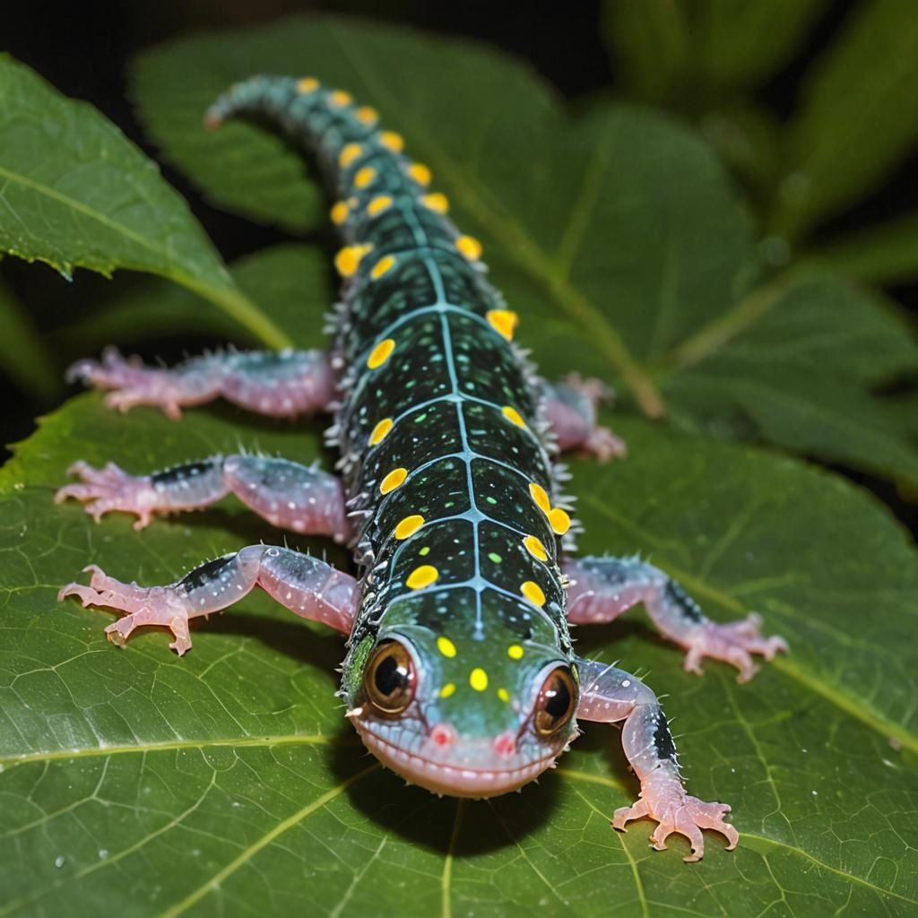 Bioluminescent Gecko-Caterpillar Hybrid in the Night