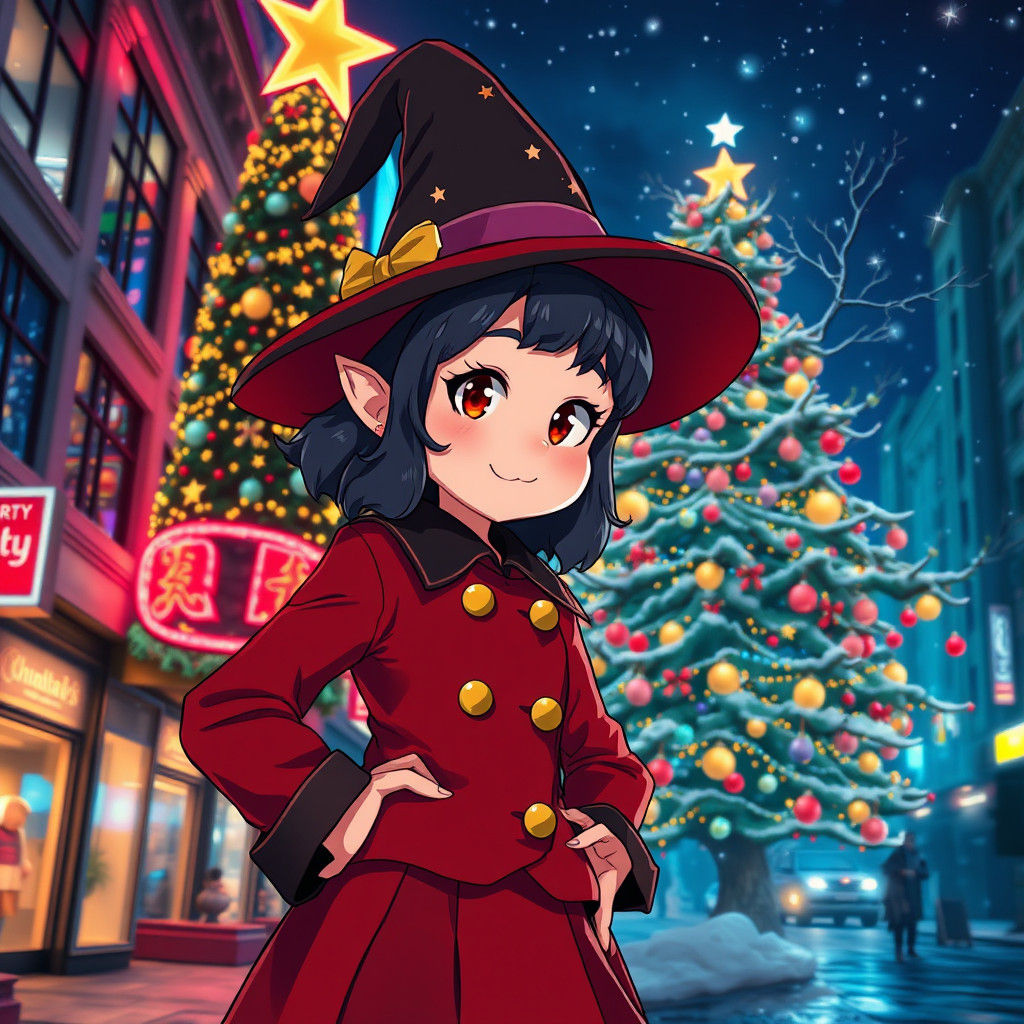 Anime-Inspired Girl Witch in Neon City at Night