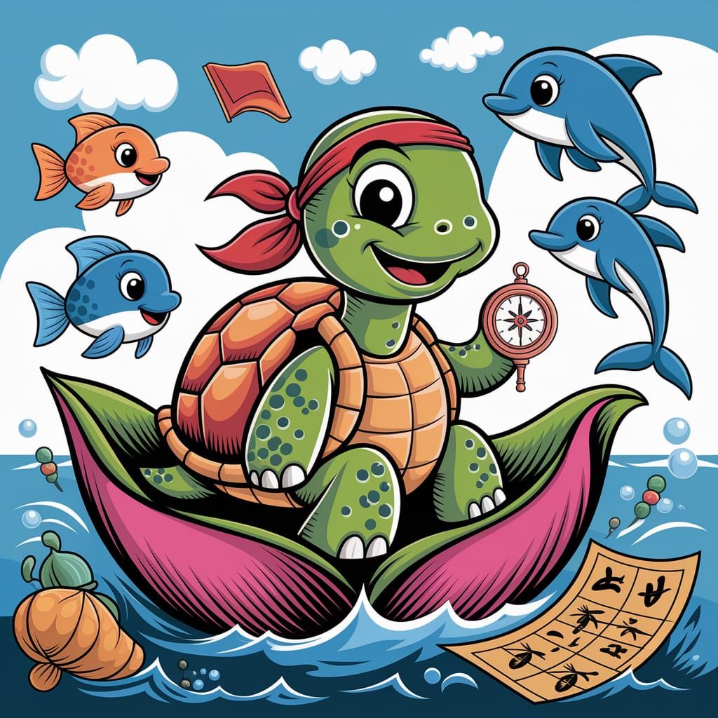 Cartoon Pirate Turtle Sailing on Lotus Leaf
