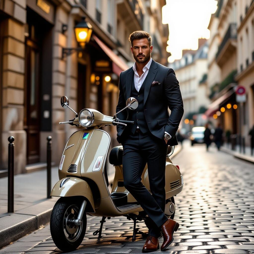 Confident Man with Vespa in Paris: Photorealistic Style