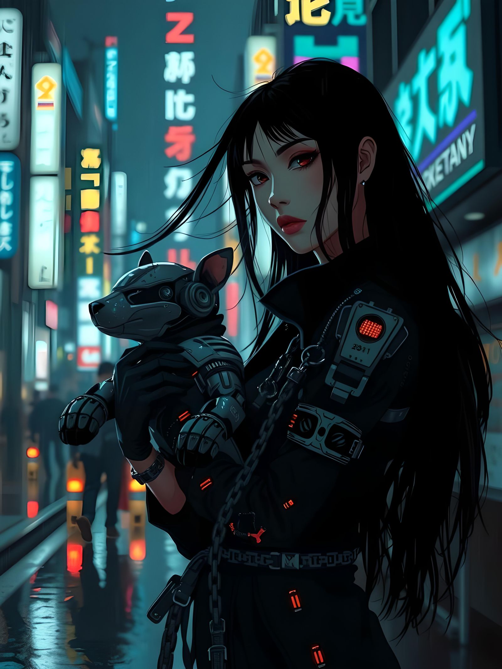 Cyberpunk Anime Woman Walking Dog in Rainy Tokyo