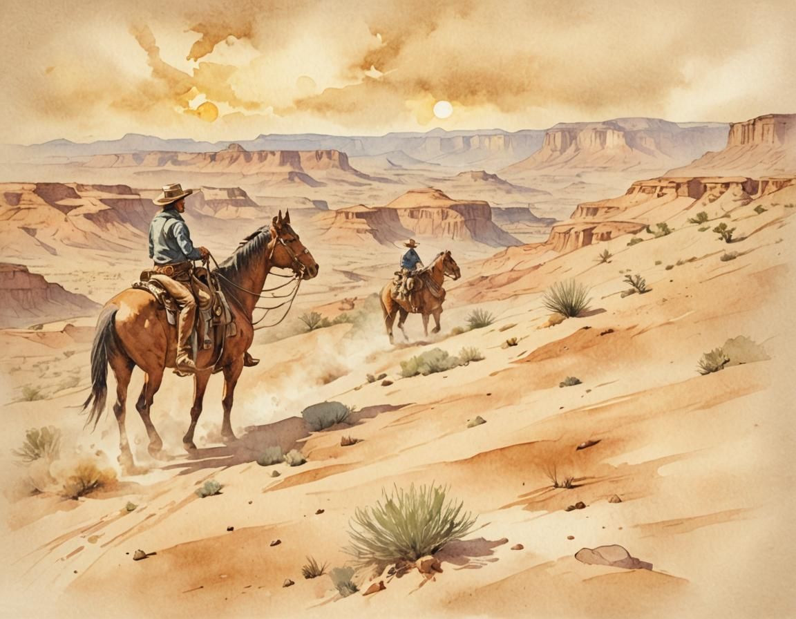 Cowboy Rides Through Desert Canyon in Watercolor Style