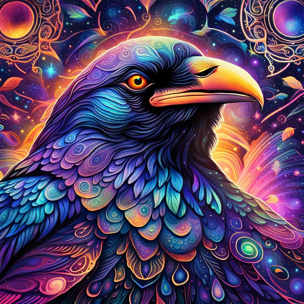 Iridescent Cosmic Crow in Astral Illustration