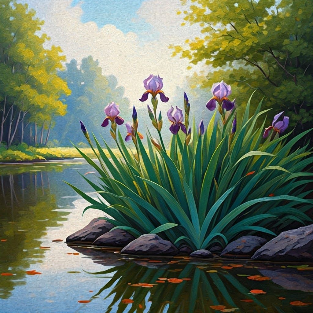 Vibrant Irises on the Pond's Edge in Expressive Impasto