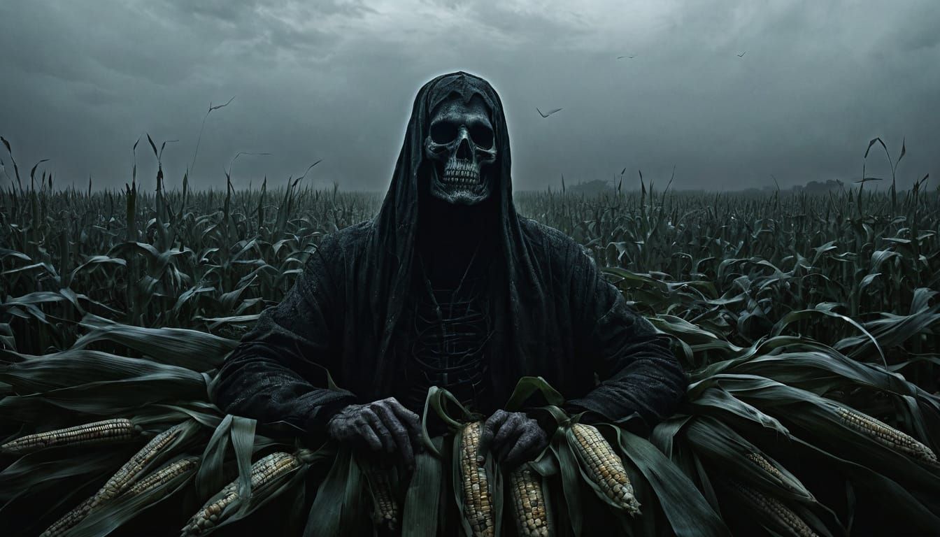 Surreal Figure in Crimson Cornfield