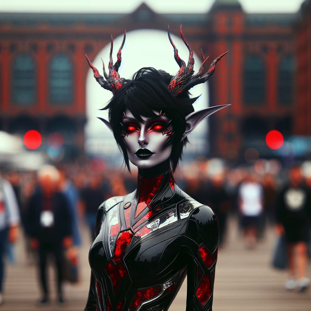 Gothic Beauty with Antlers in Crowded Seaport