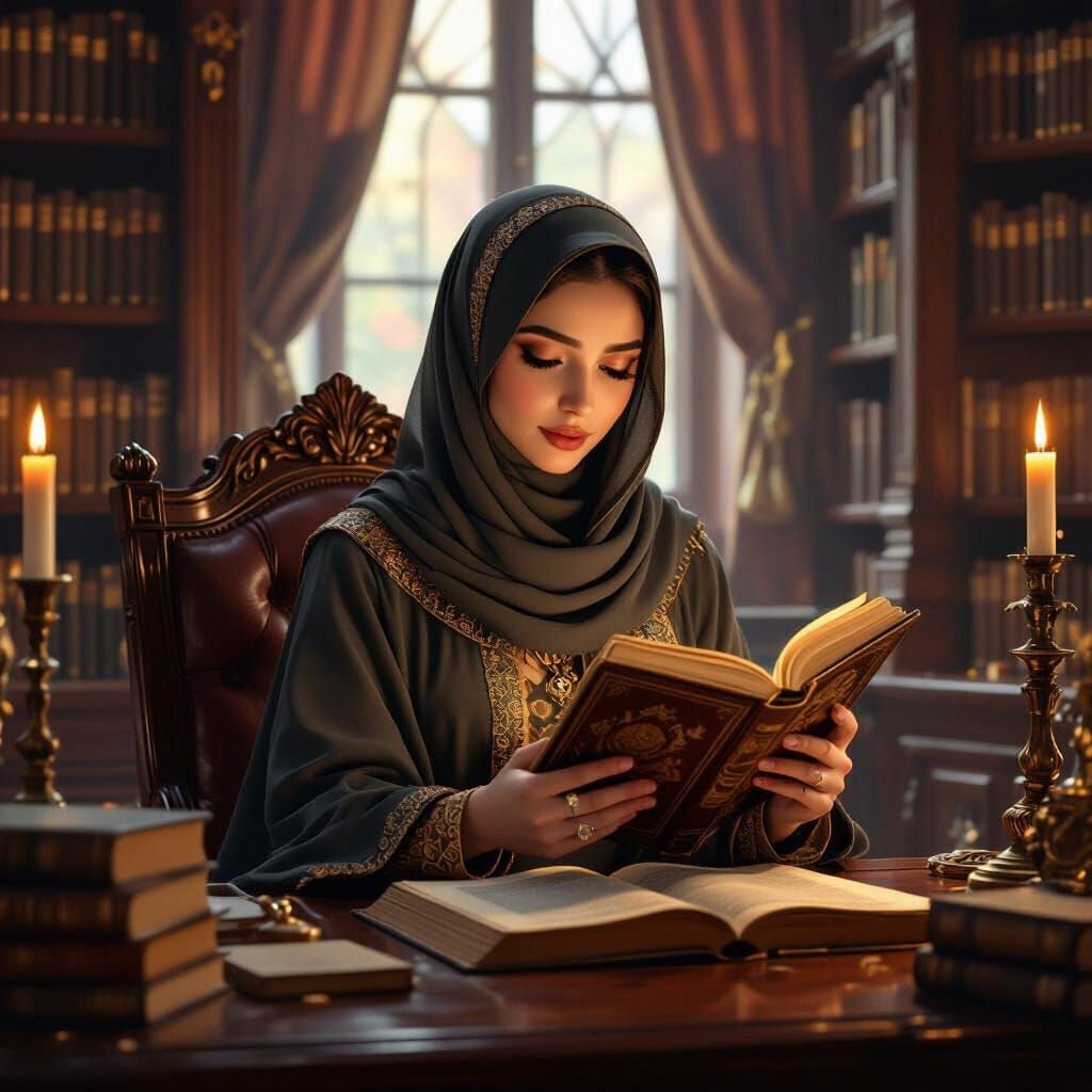 Serene Library Scene with Woman Reading by Candlelight