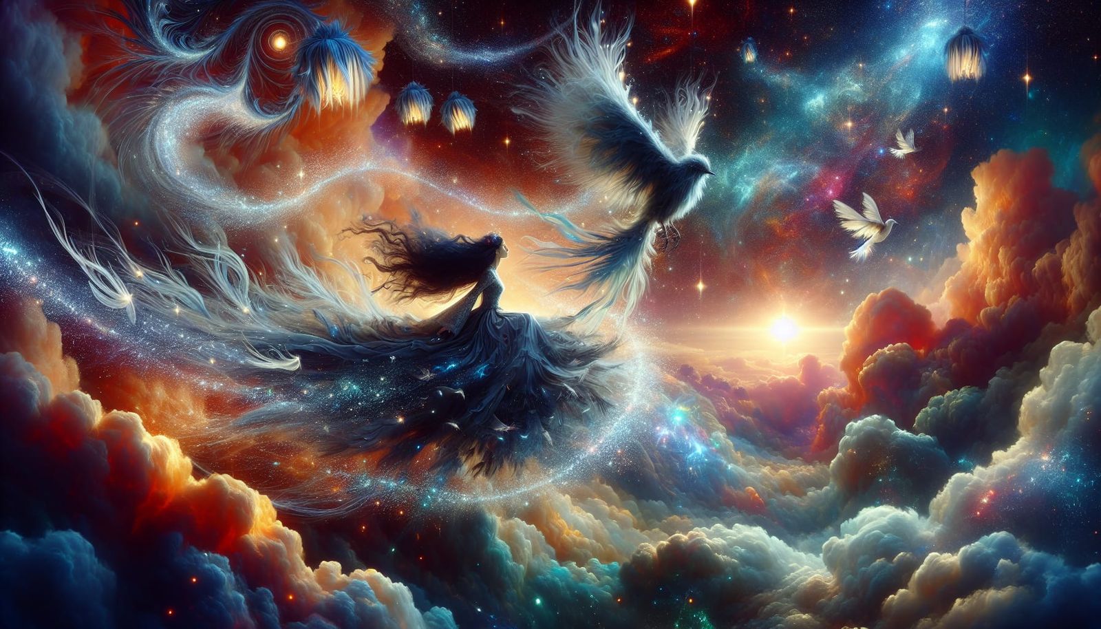 Mystical Sorceress Rides Cosmic Comet in Dreamlike Low Angle...