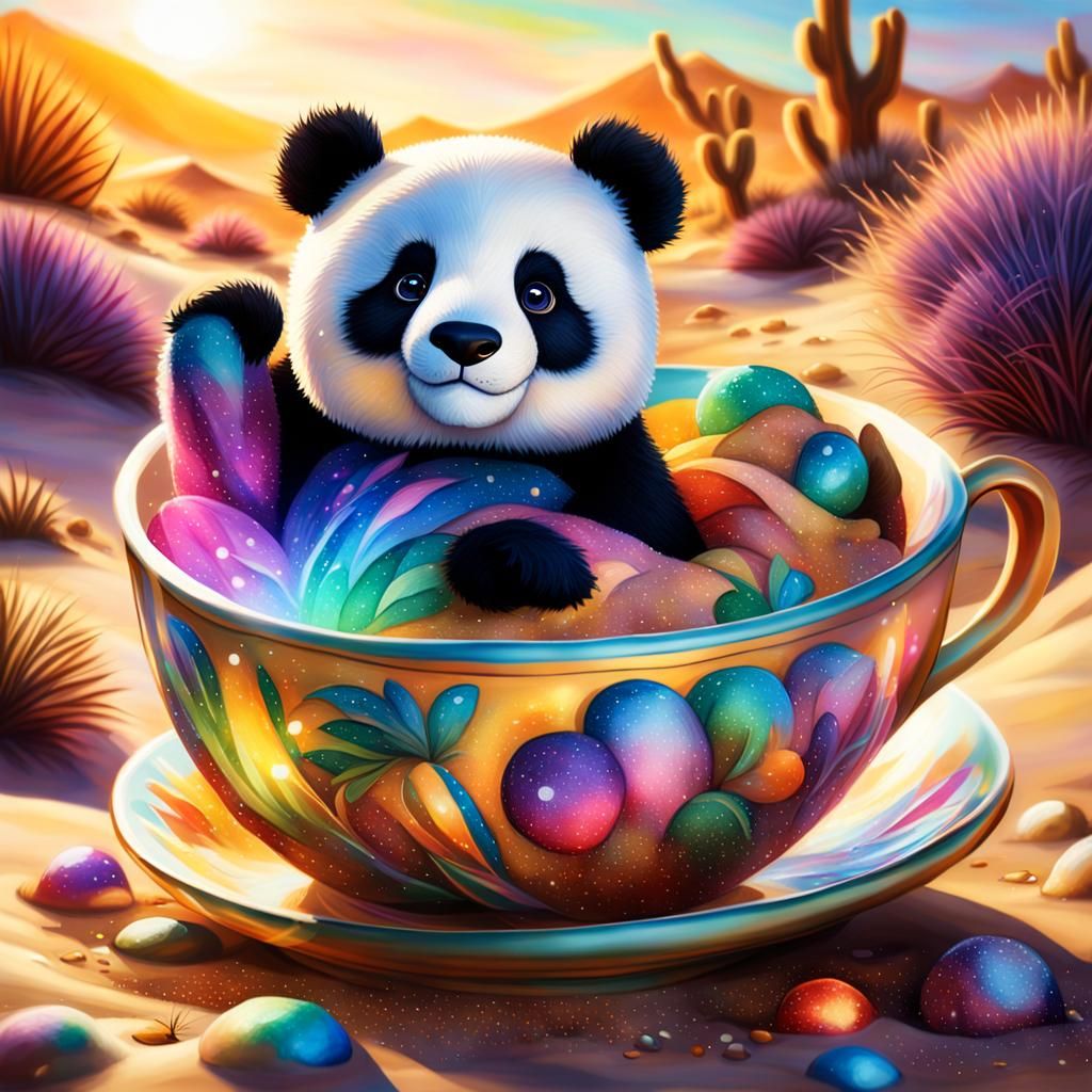 Panda Plushie Rides Teacup in Desert Landscape