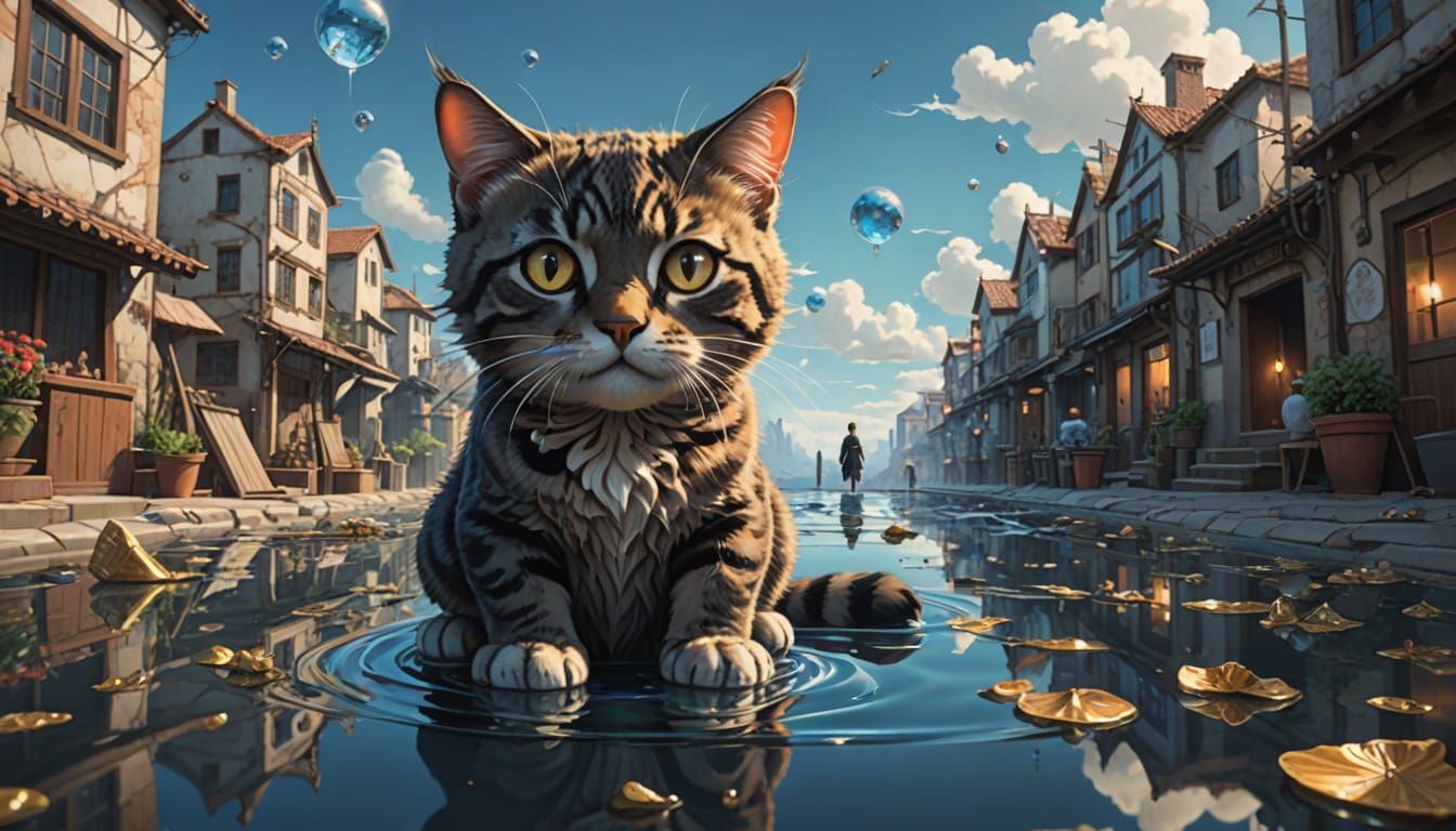 Surreal Feline Realm in Dali-esque Oil Painting