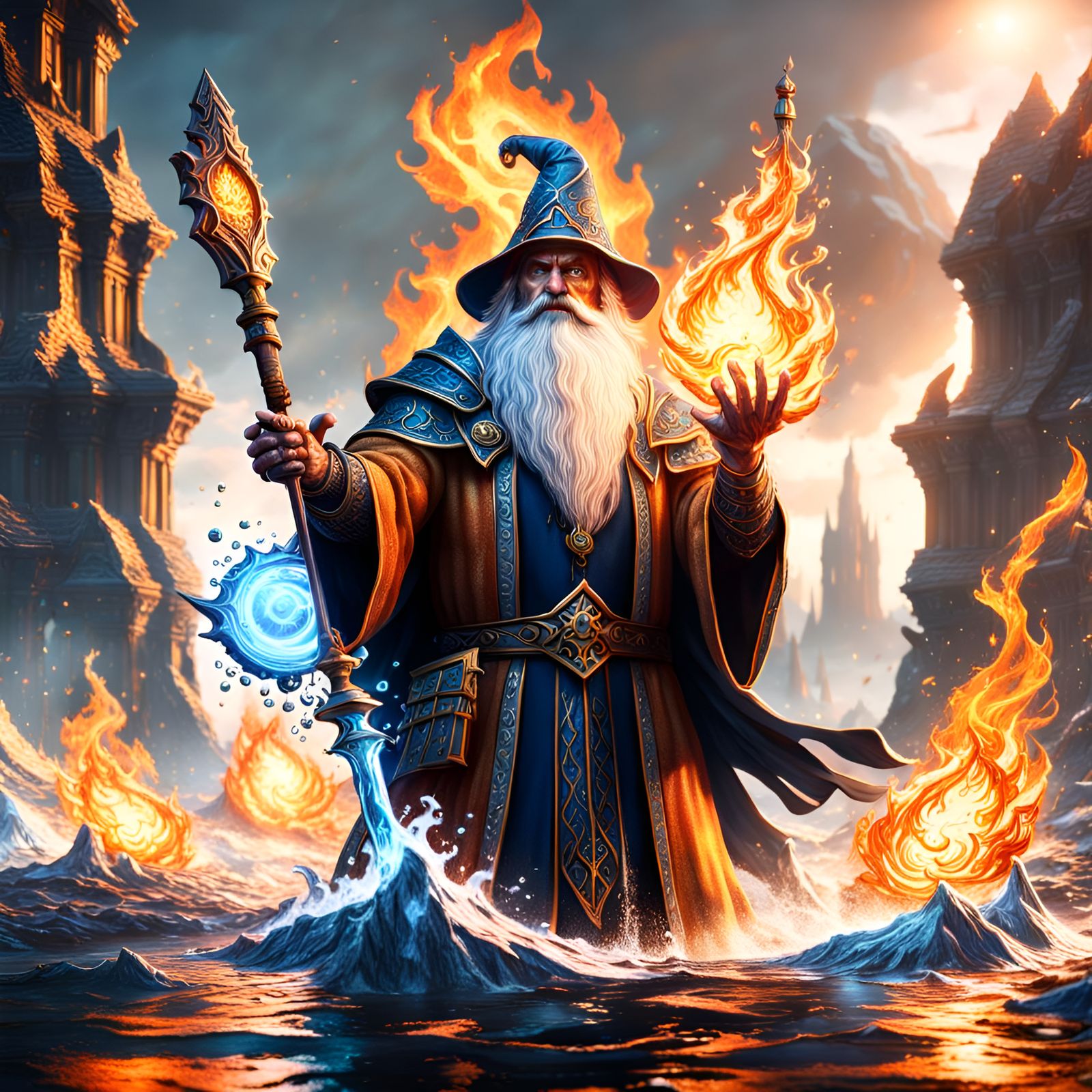 Wizard Controls Fire and Water: Detailed Matte Painting