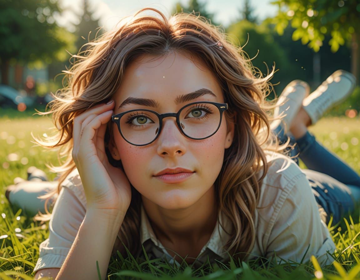 Woman with Glasses in Grassy Field, Digital Art