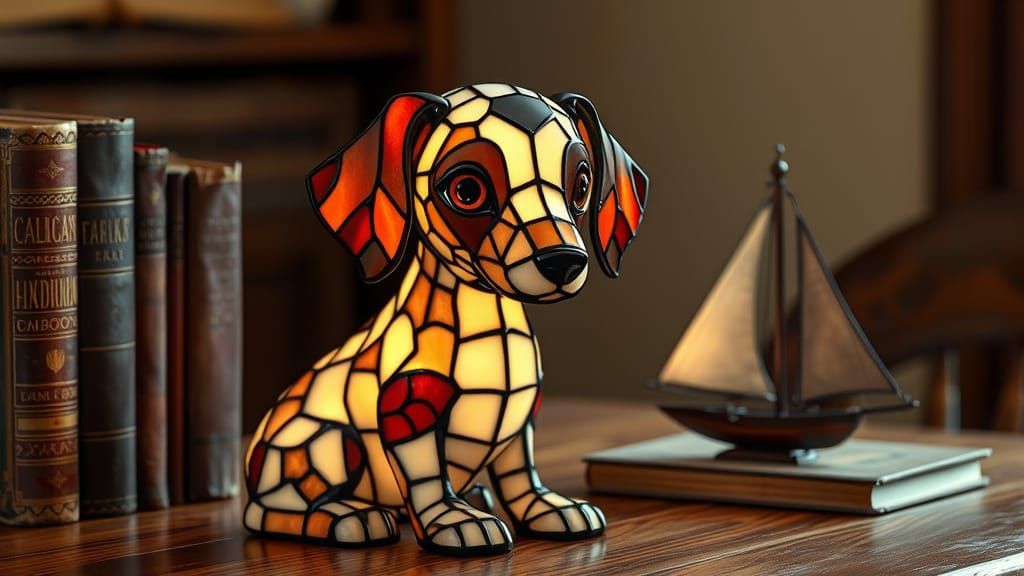 Stained Glass Dog Lamp on Antique Table
