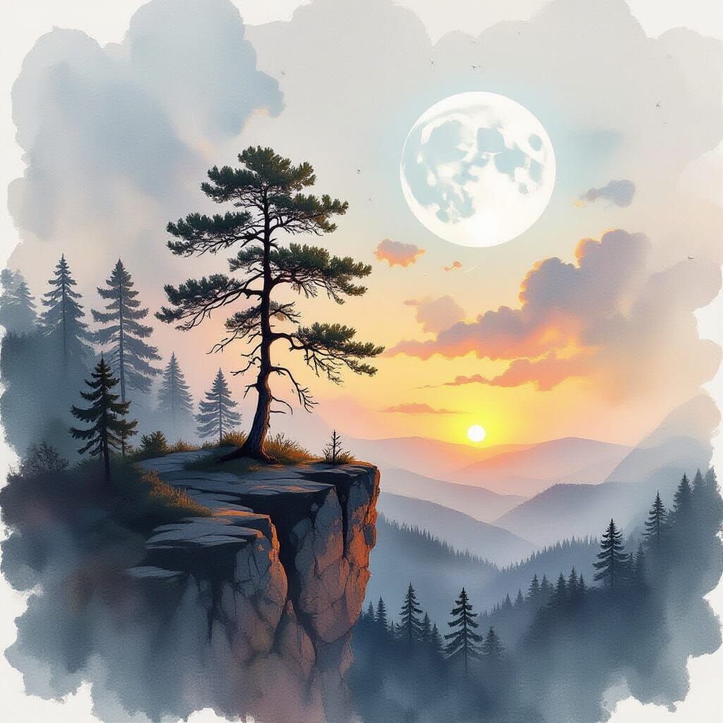 Ghostly Oak Sunset: Watercolor Painting on Burnt Board