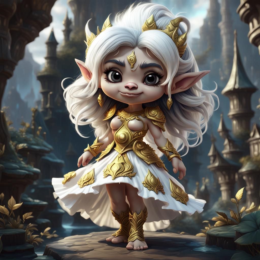 Chibi Dream Troll in Gold Dress, Fantasy Art