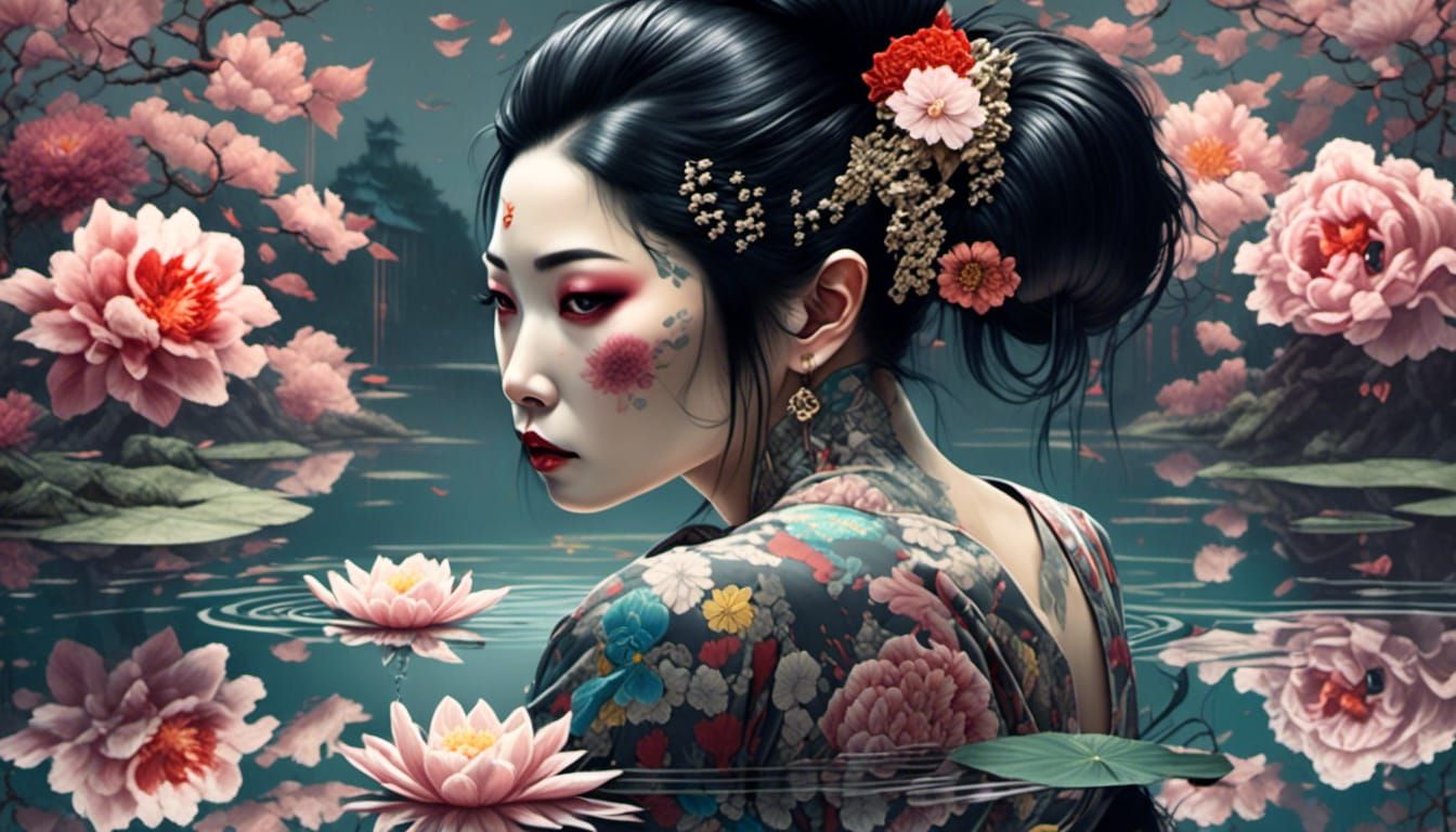 Yakuza Geisha Gazing at Pond Reflection