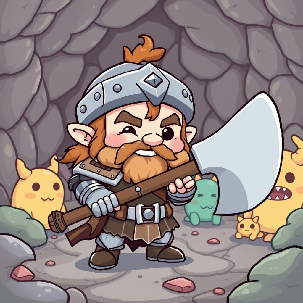 Chibi Dwarf Barbarian in Whimsical Dungeon, Sanrio Style