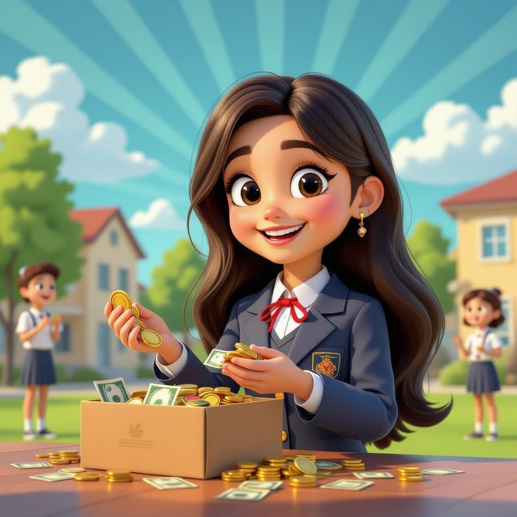 Kind Girl Shares Money in Cheerful Schoolyard