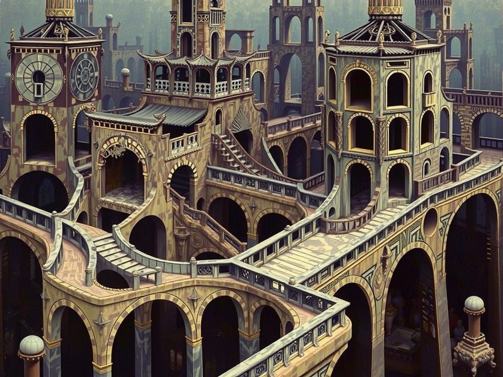 Japanese Pagoda in a Labyrinthine Dreamworld