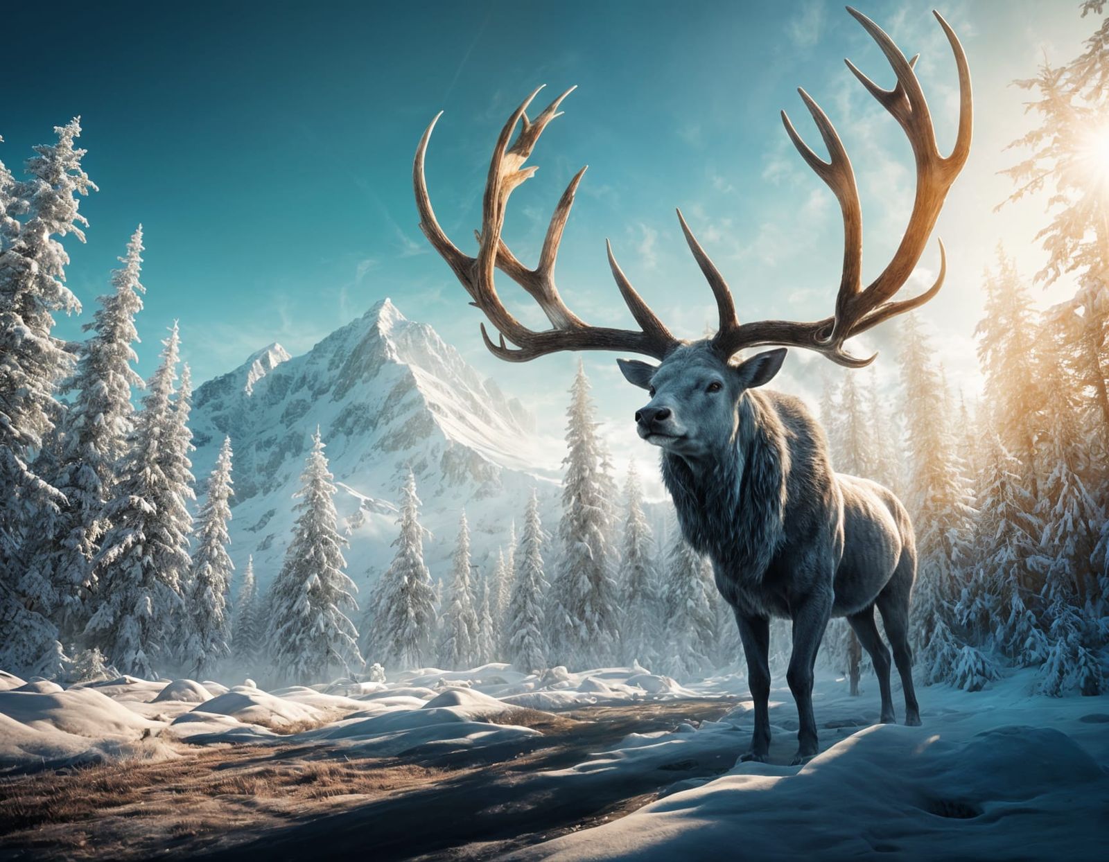 Divine Antler Creature Roars Over Snowy Mountain