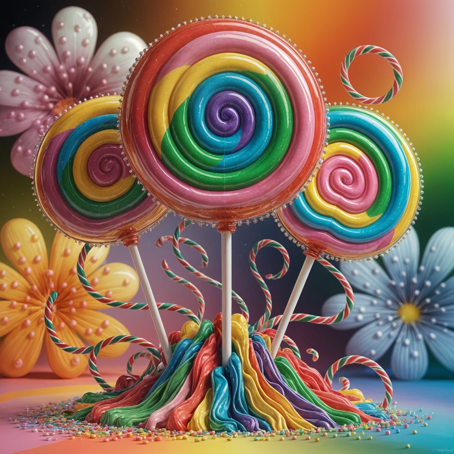Towering Rainbow Lollipops as Trees with Candy Cane Vines