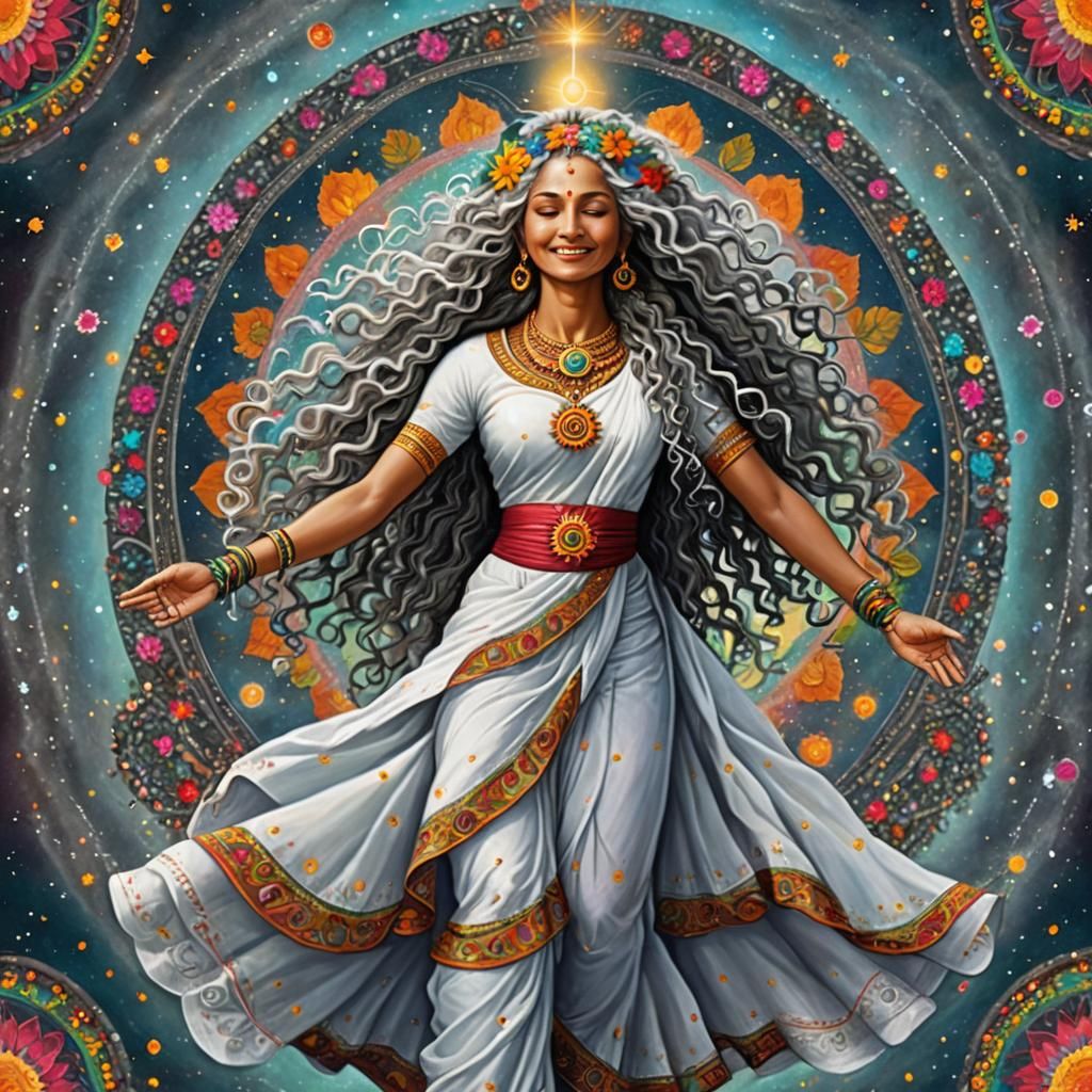 Cosmic Goddess with Mandala and Wildflowers