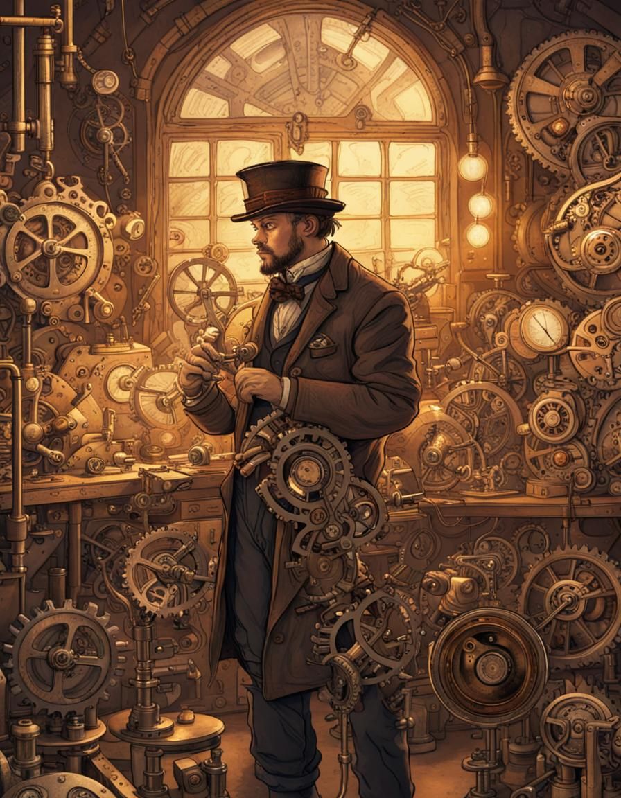 Steampunk Inventor in Gear-Filled Laboratory