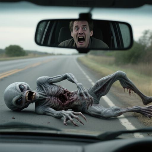 Terrifying Grey Alien Mutating Ominously by Roadside