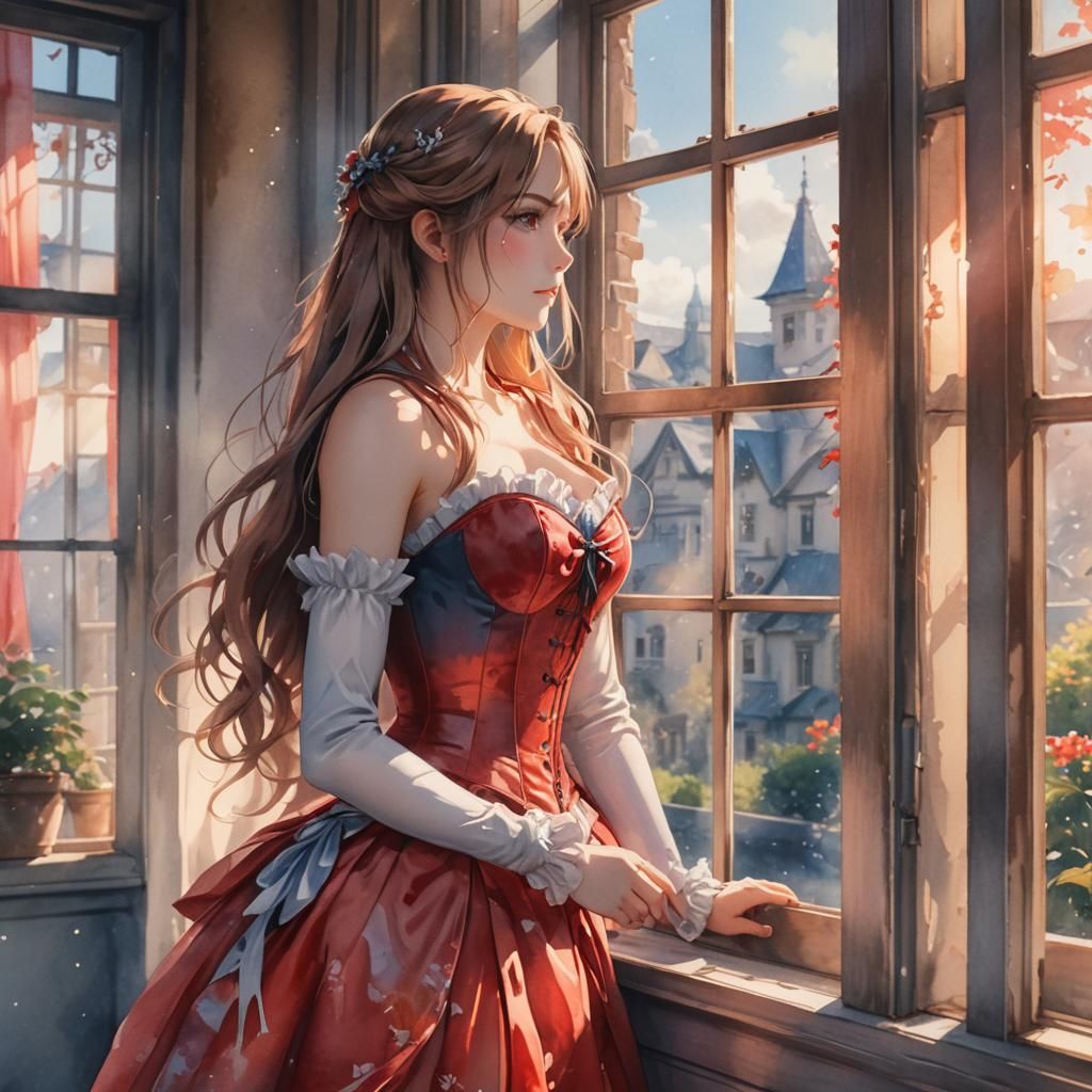 Anime Woman in Watercolor Style by Window