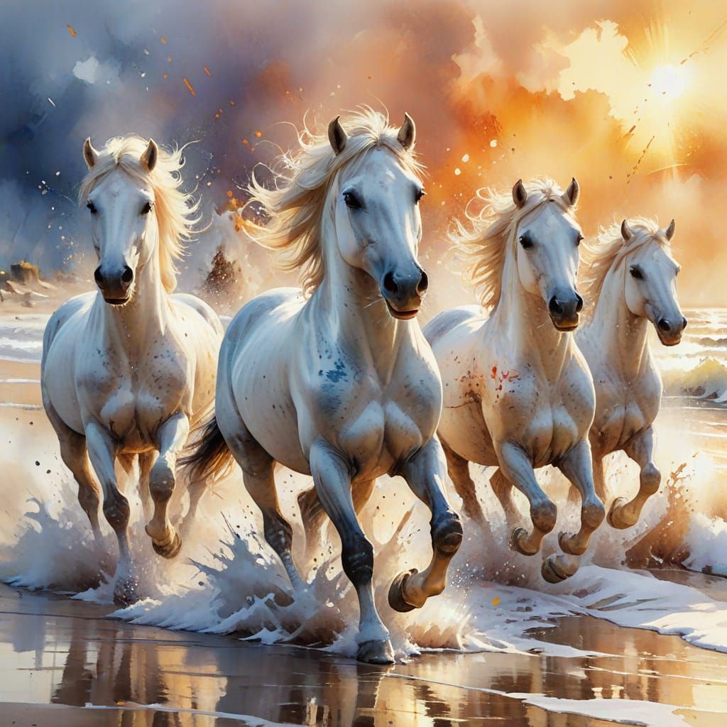 Camargue Horses Galloping on Wild Beach in Watercolour