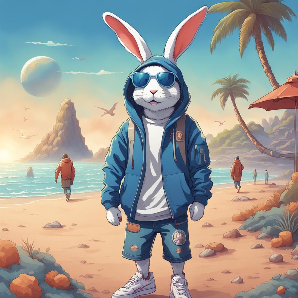 Sci-Fi Beach Rabbit in Hoodie and Sneakers