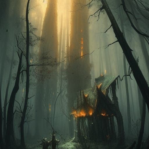 Sinister Witch Laughing in Burning Forest, Dark Fantasy Art