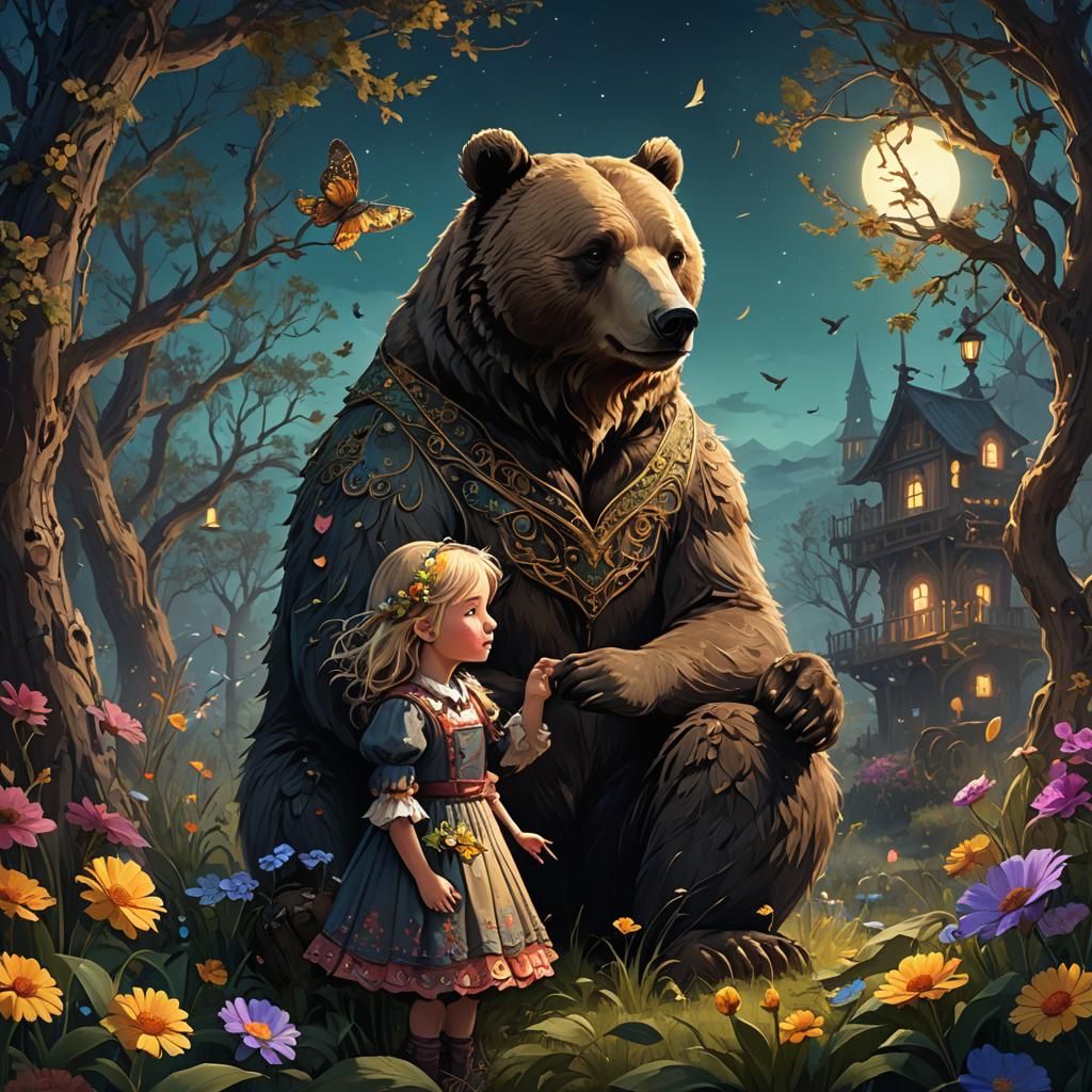 Bear and Girl's Friendship: Fantasy Concept Art