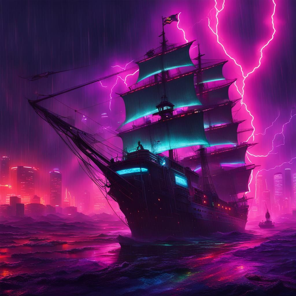 Pirate Ship in Cyberpunk Storm with Lightning