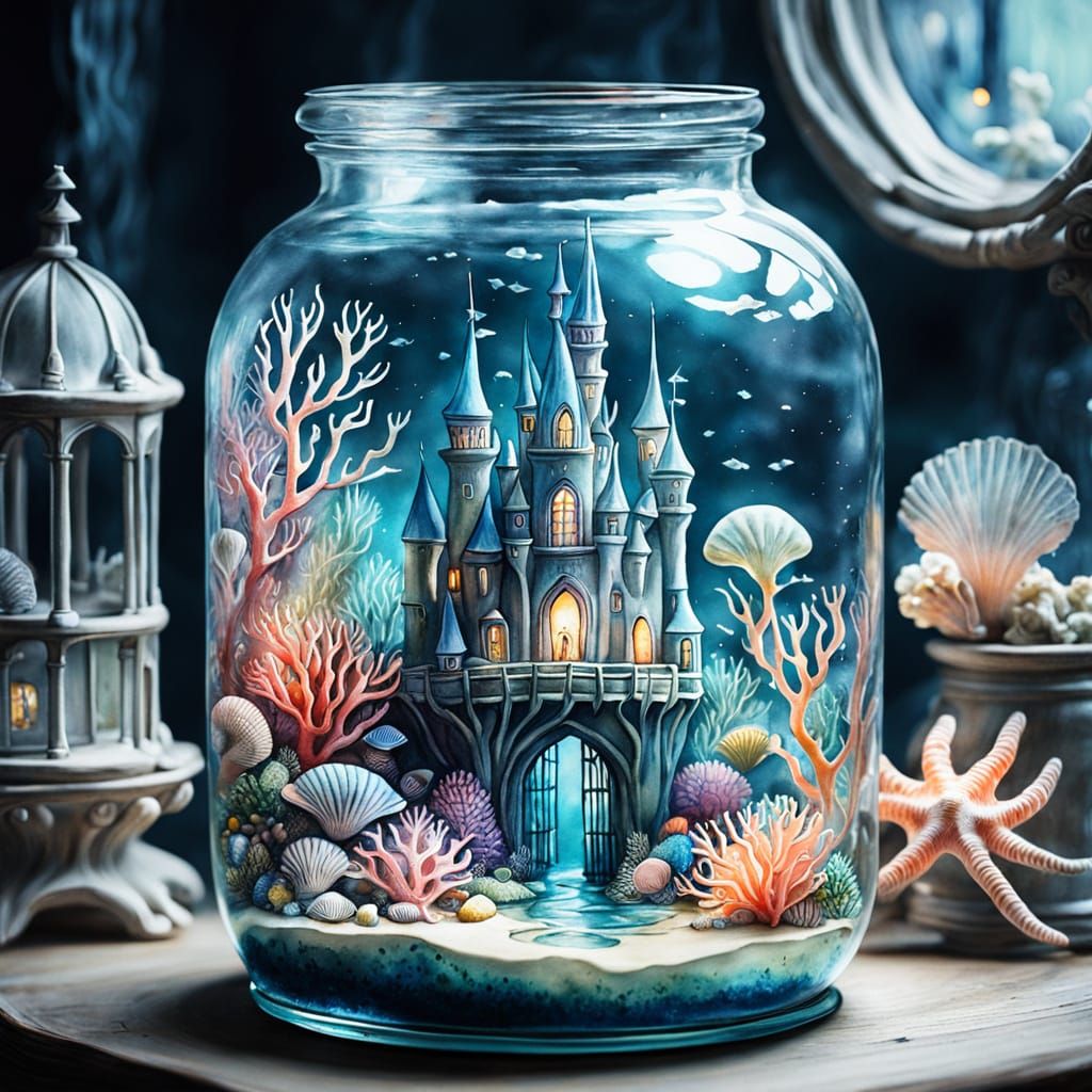 Underwater Kingdom in Glass Jar: Watercolor Painting