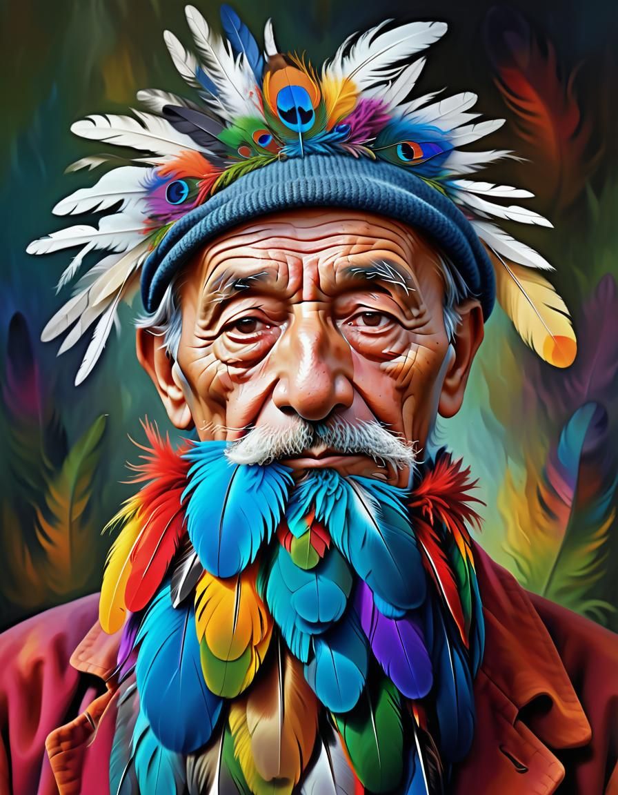 Feather Beard Surreal Portrait in Oil Painting Style