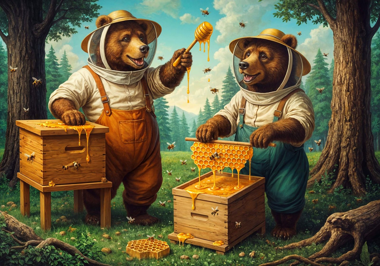 Bears in Beekeeping Gear Tend Hives with Joyful Energy