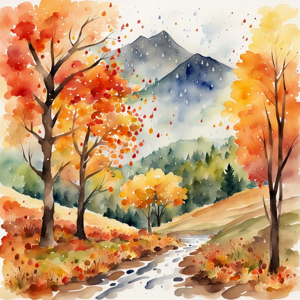 Autumn Raining Mountain Watercolor Landscape