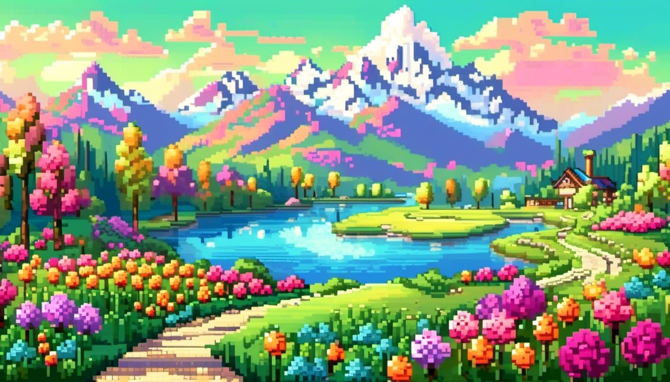 Vibrant Spring Pixel Art Landscape with River
