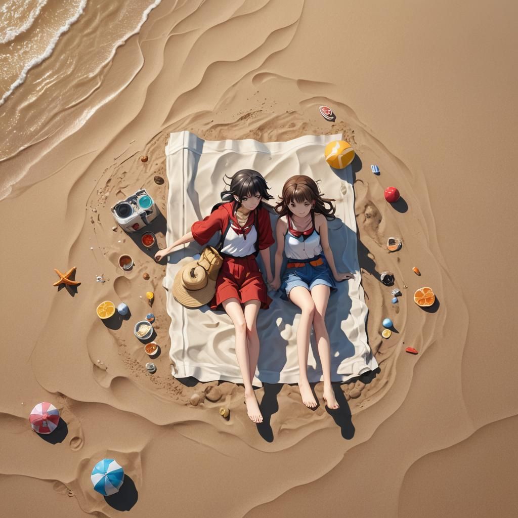 Anime Friends Enjoying Beach Day in Detailed Painting