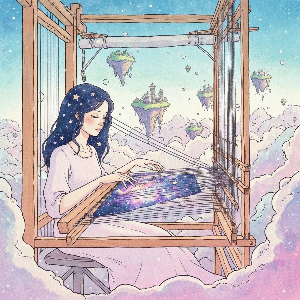 Dream Weaver Woman with Star Hair in Escher Landscape