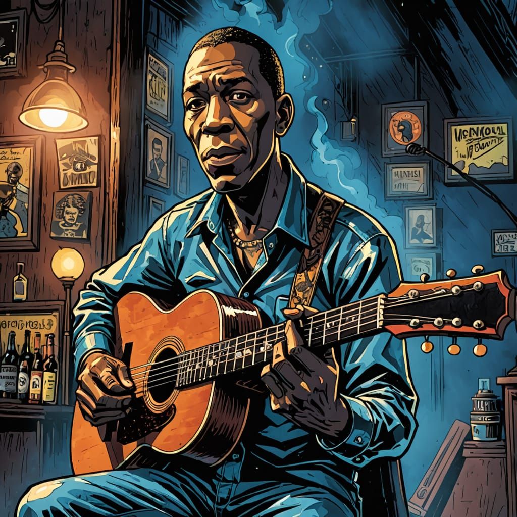 Dynamic Blues Bar Scene in Graphic Novel Style