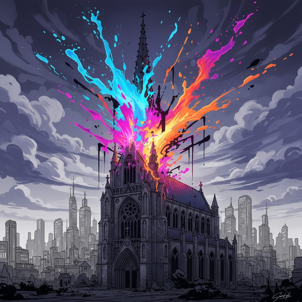 Surreal Cathedral Dissolving into Liquid Paint and Neon