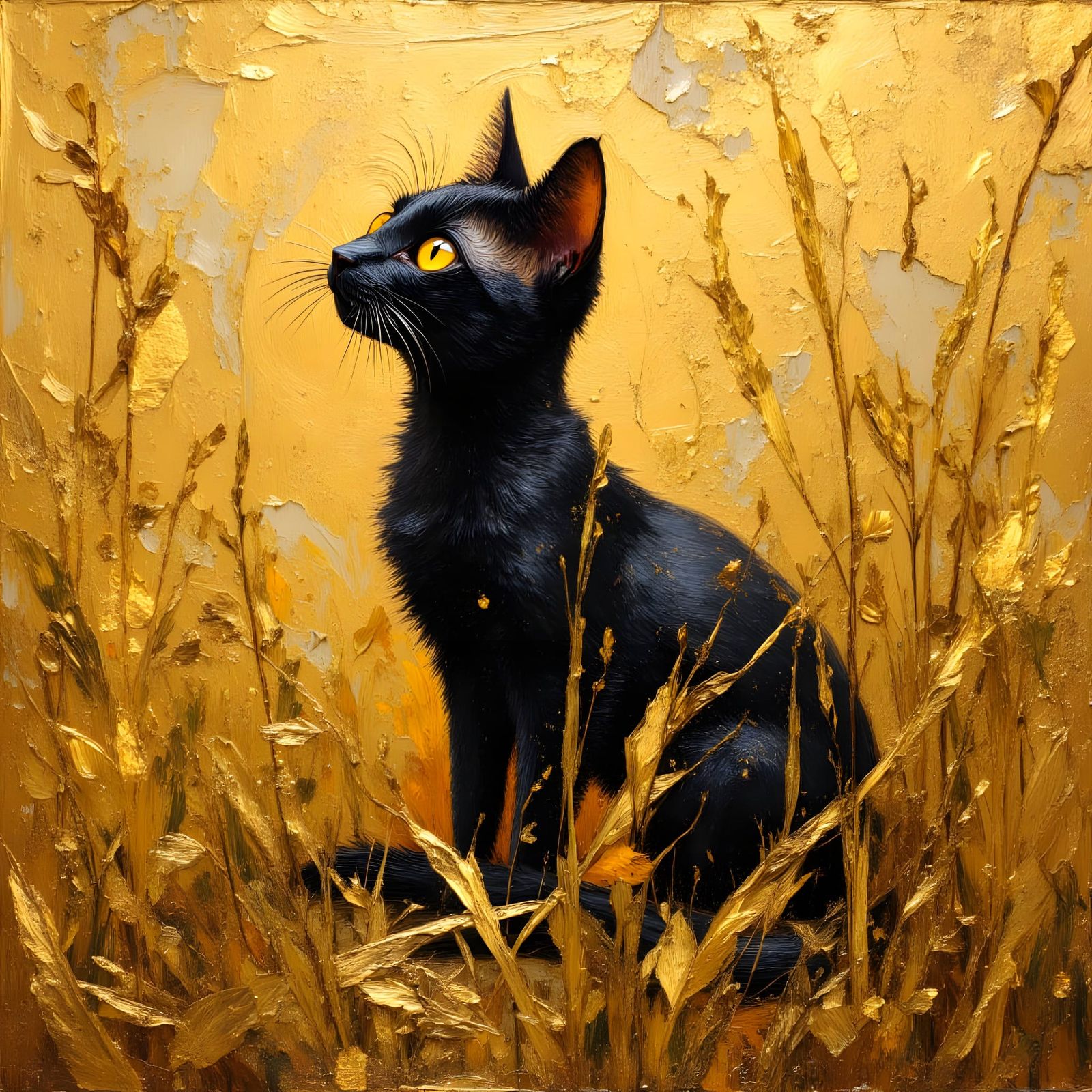 Regal Cat in Golden Grass, Impasto Painting